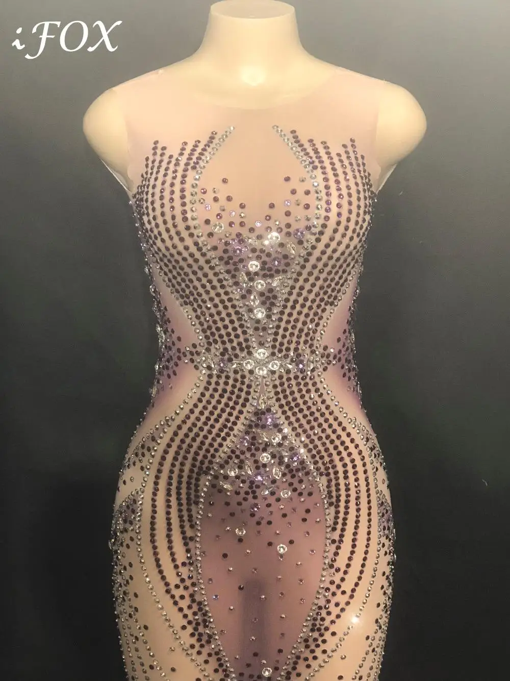 

Sparkly Purple Rhinestones Mesh Long Dress Women Birthday Party Dress Evening Dance Outfit See Through Prom Celebrate Dresses