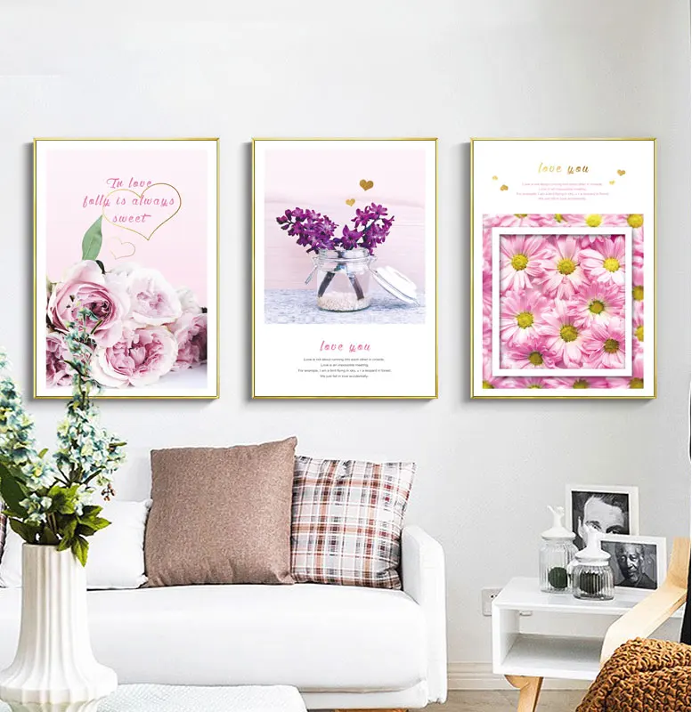 Скандинавский стиль розовый цветок холст плакаты и принты настенная живопись