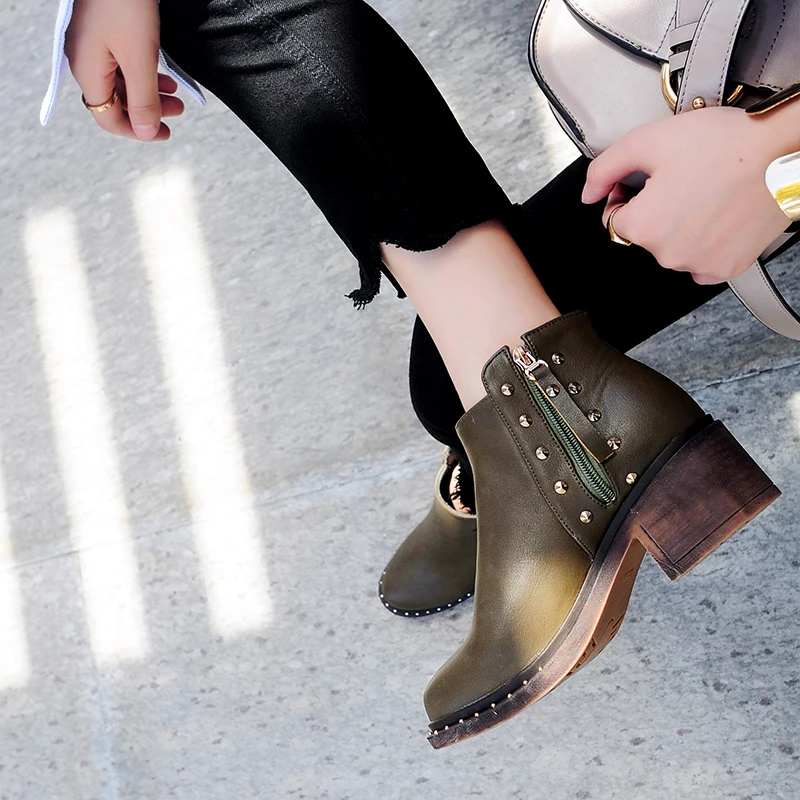 QUTAA Round Toe Casual Women Ankle Boots Winter Warm Fur Antiskid Shoes Fashion Rivet Thick Heel Zipper Boots Size 34-43