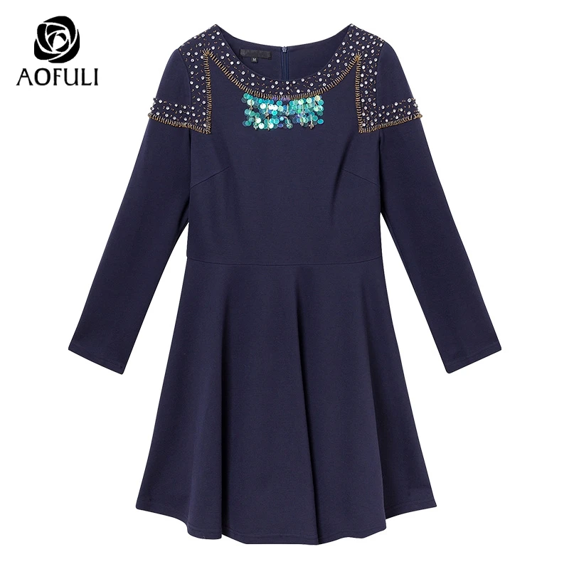 AOFULI S-Xxxl 4xl 5xl весенние платья с длинными рукавами бисером бриллиантовое женское