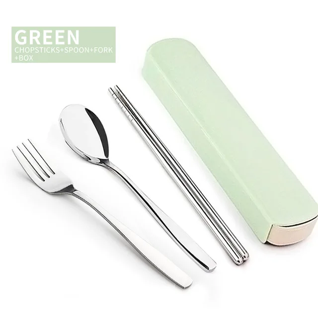 Green 4 Set Портативный набор посуды, китайская посуда из нержавеющей стали с коробкой для малыша, набор посуды для пикника, кухонные аксессуары - Цвет: Green 4 Set