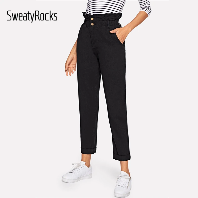 Джинсы SweatyRocks Paperbag с наклонными карманами на талии, уличная одежда, Женские однотонные джинсовые штаны с высокой талией и пуговицами, весенние черные джинсы