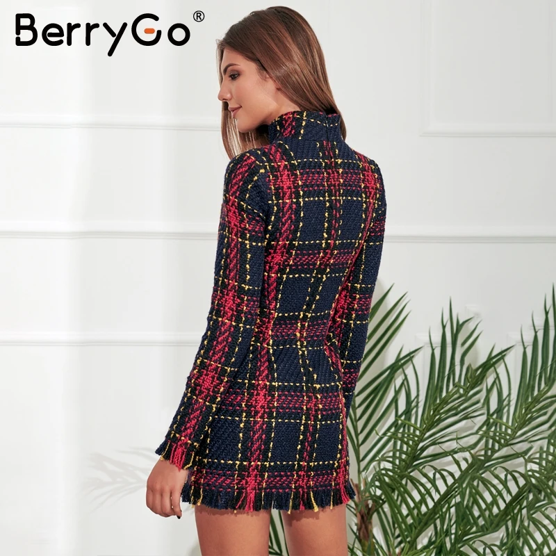 Berrygo элегантное клетчатое офисное женское твидовое короткое платье Повседневное