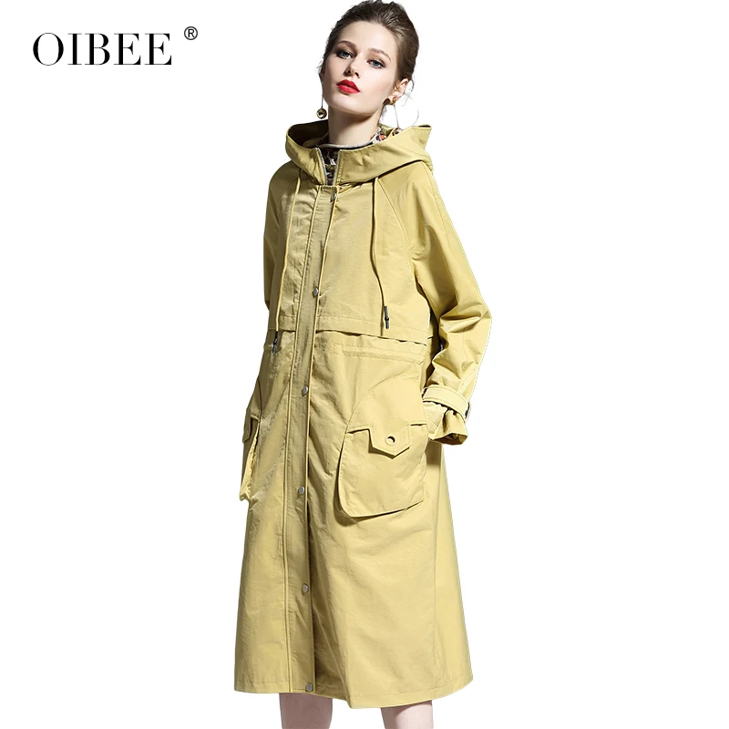 OIBEE2018 Женская длинная Весенняя Новая ветровка модная с капюшоном выше колена Повседневная Длинная женская куртка-ветровка