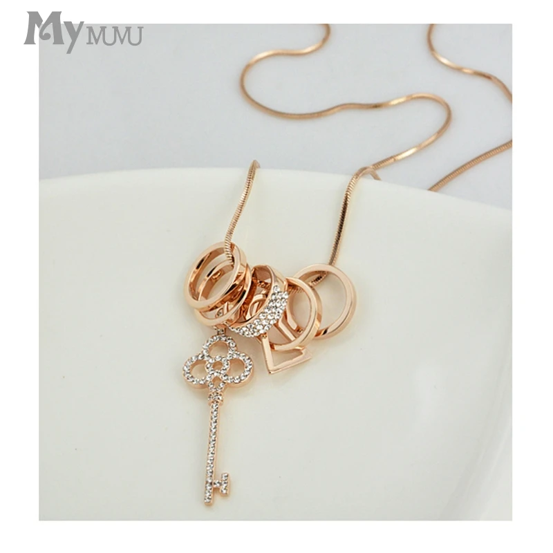 Mymmu Key Shape Crystal Circle Round Pendant Chain Long Necklaces Fashion Jewelry Women Sweater Necklace Wearing Accessories | Украшения и