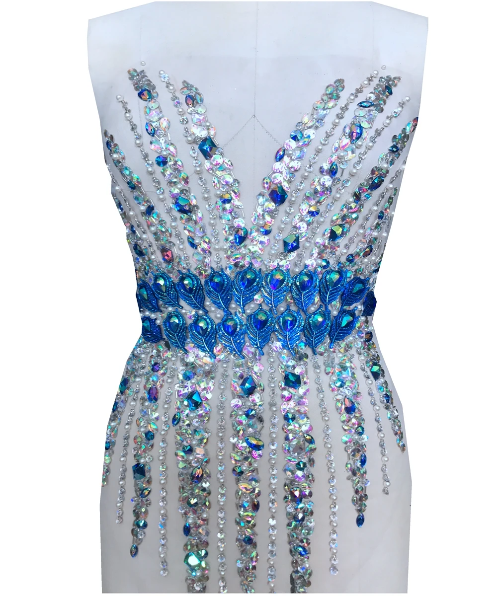 

Pure hand made dazzling sew on Rhinestones applique on mesh blue/clear ABcolour crystals patches 54*32cm DIY dress accessory