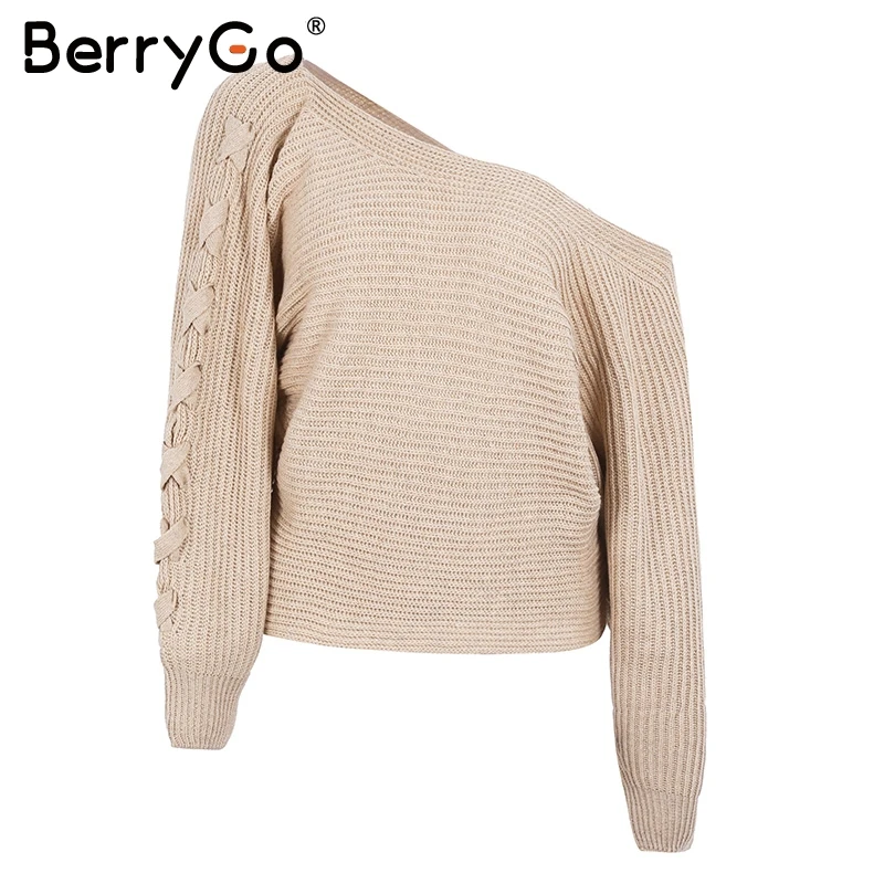 Женский вязаный пуловер на шнуровке BerryGo повседневный свободный джемпер с
