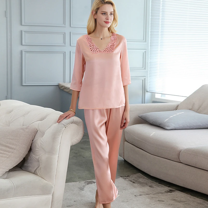 Nightgowns Women 100% Silk Nightcloth Two Pieces Set Lace V Neck Three-quarter Sleeve Elastic Waist Pants high Quality Suits