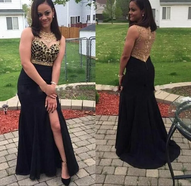 

Sexy Side Split Illusion Back Long Prom Dresses 2017 Gold Crystal Beaded Mermaid Evening Gown Black Plus Size Vestido De Festa