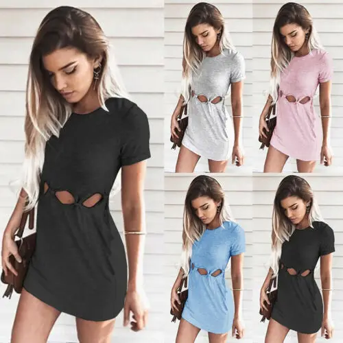 Женское повседневное мини-платье с коротким рукавом и круглым вырезом в наличии