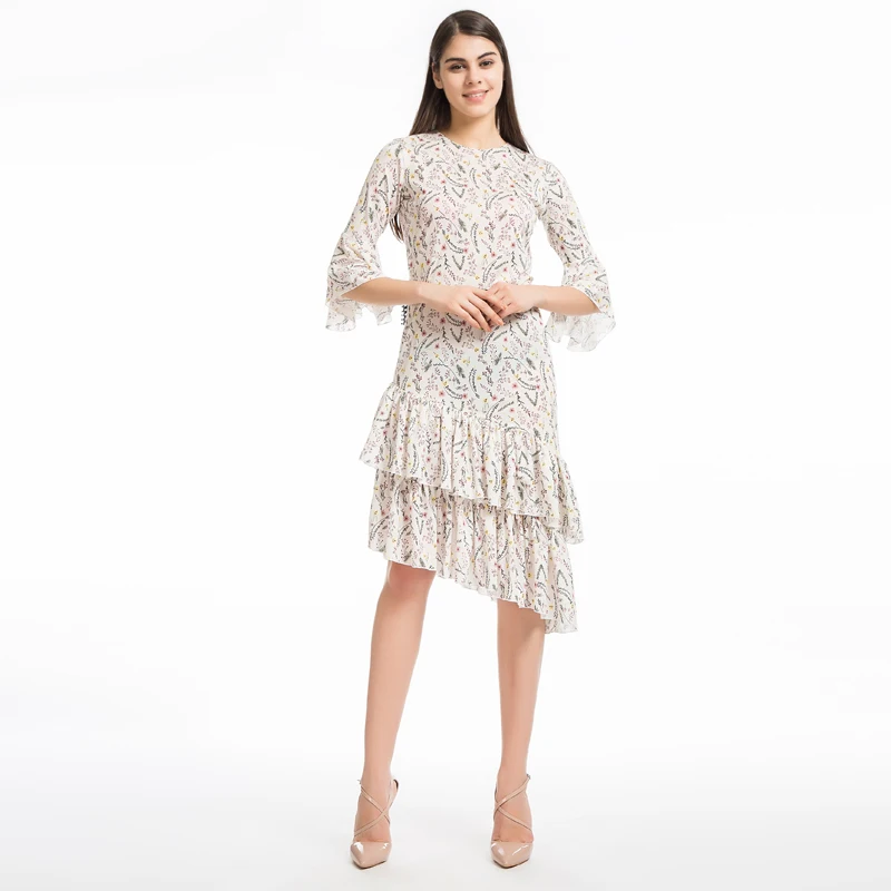 LERFEY Женщины Элегантный Boho Цветочный Печати Пляж Лето Dress Оборками Повседневная