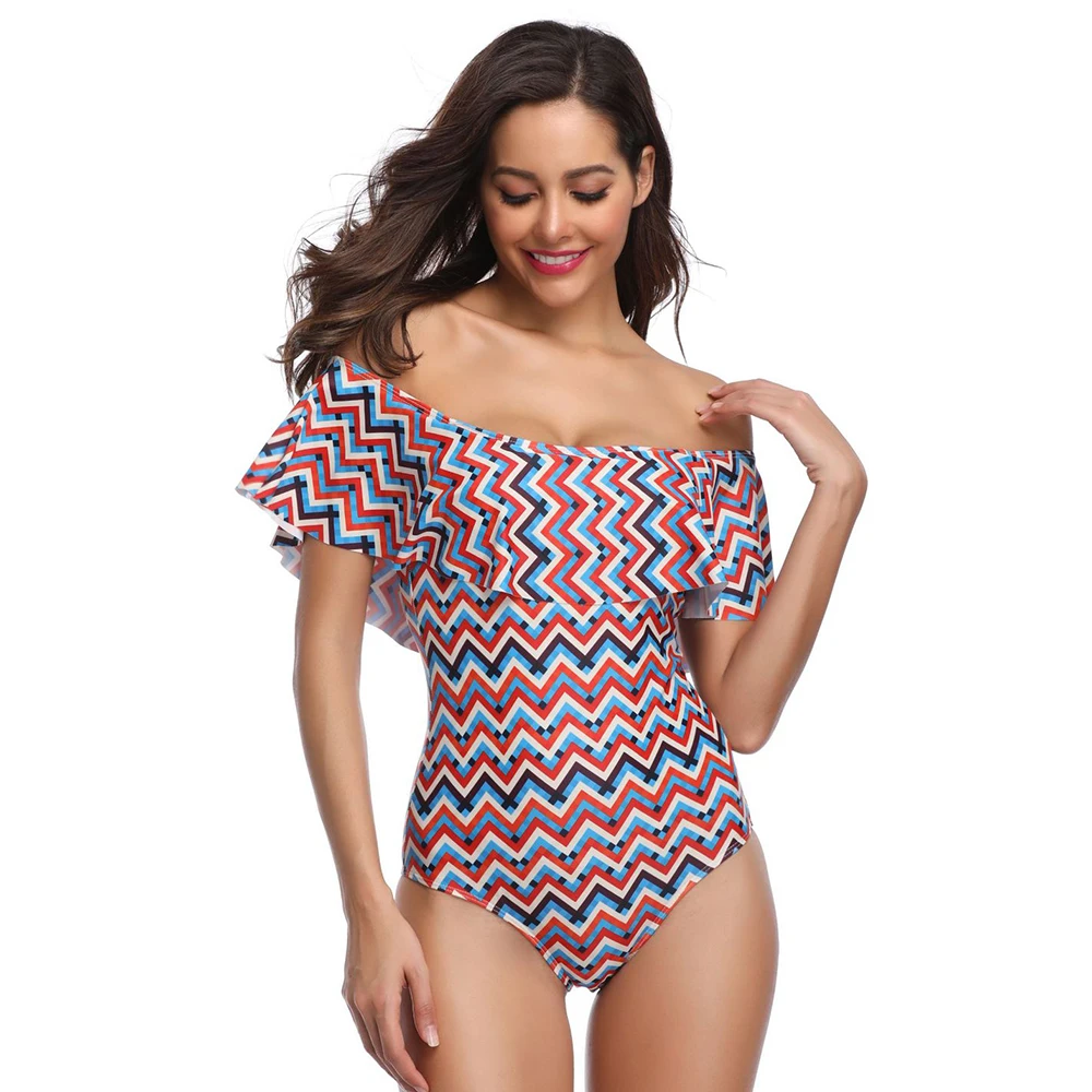 Женский слитный купальник на одно плечо кружевной с оборками и принтом лето 2019 |