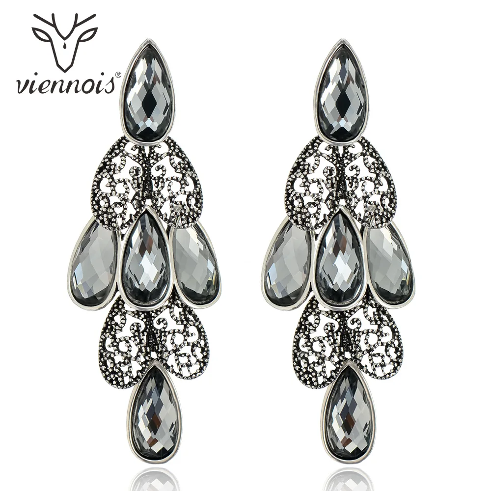 Viennois Antique Silver Color Women Hollow Out Earrings Black Rhinestone Vintage Crystal Drop On. (Виенноисская серебристая цвета женская серьга с вырезом, черным ринестоном, винтажным кристаллом, в стиле капля)