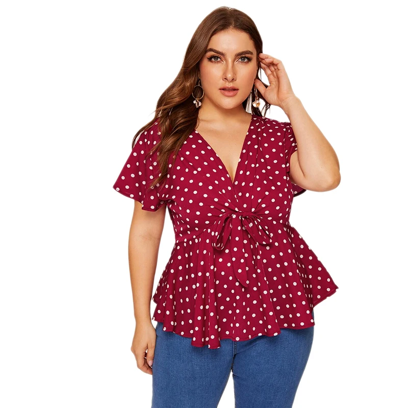 Dotfashion/женская блузка в горошек с узлом спереди; сезон лето ; Boho; глубокий v-образный вырез; одежда с короткими рукавами; женские модные топы