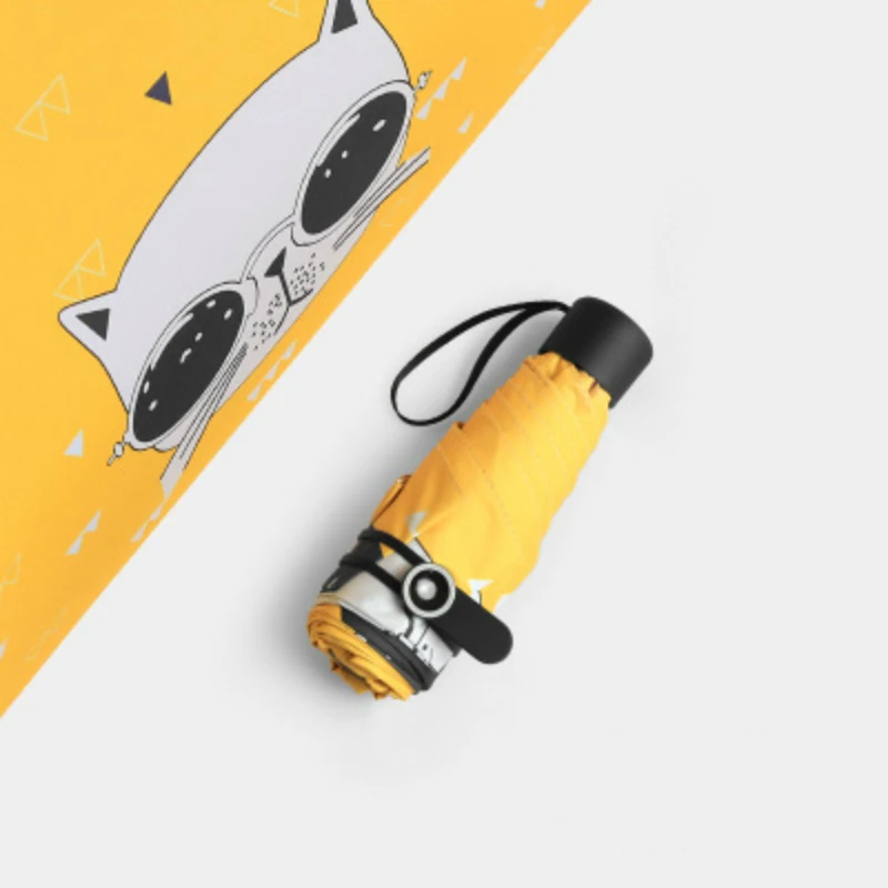 Yellow 5 Fold Модный мультяшный женский зонтик с кошачьим принтом, анти-УФ, черное покрытие, женские пляжные зонты, три складных и пять складных, Parapluie - Цвет: Yellow 5 Fold