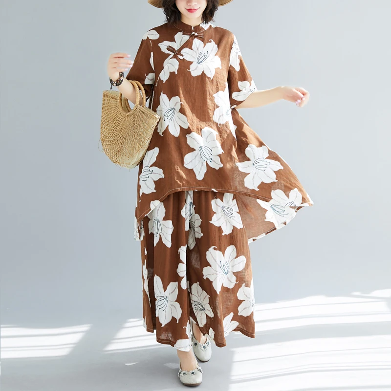 Комплект из двух предметов: блузки и брюки Cheongsam летние широкие с эластичной