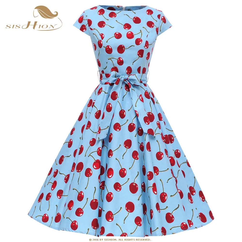 SISHION Retro Vintage Dresses with Large Swing High Quality Floral Print Cherry Blue White Cotton Women Summer Dress VD0785 | Женская