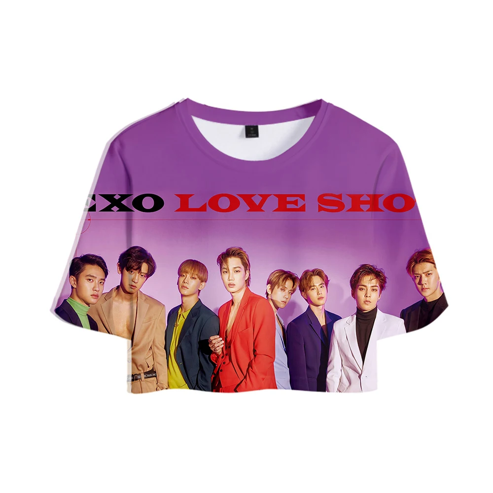 Женский укороченный топ EXO Love Shot с 3D принтом модная летняя футболка коротким