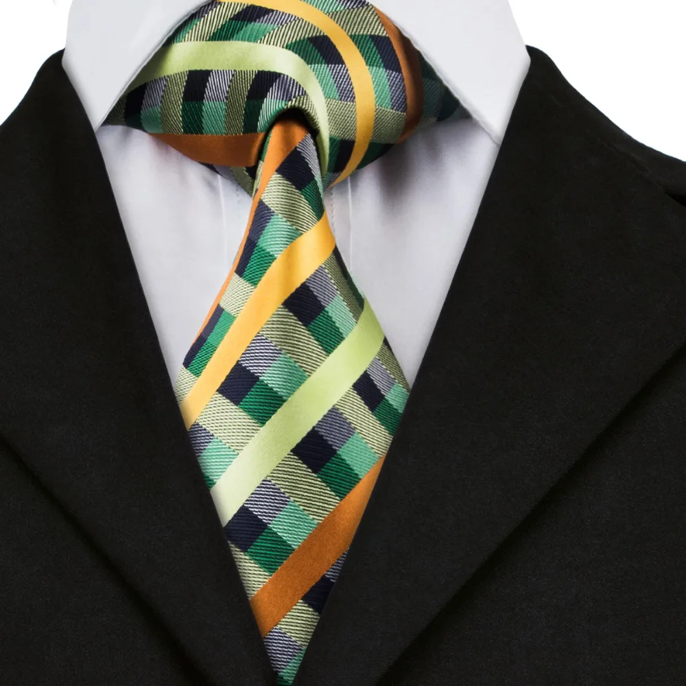 Мужской галстук в клетку Темно Оливковый жёлтый запонки 100% шелк|silk tie|ties for mensilk ties