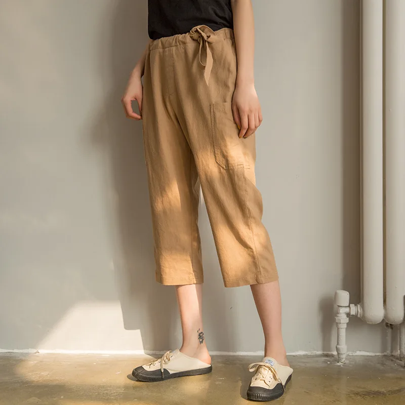 

Johnature Harajuku Vintage Loose Linen Casual Straight Women Pants 2021 Summer New Soild Color Tie Calf-length Pants
