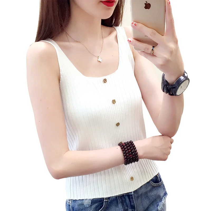 2019 New single-row knitted ice silk waistcoat with straight stripes 16-10986 | Женская одежда