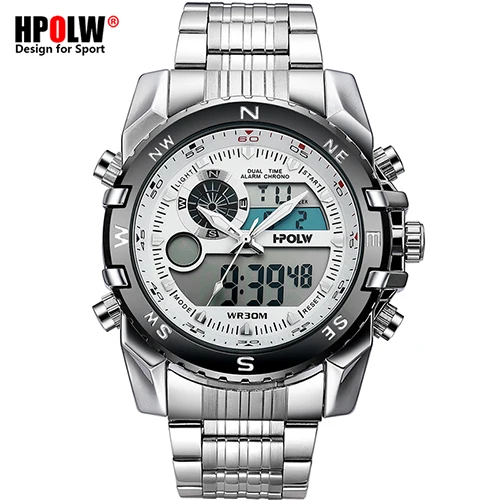 Silver-White Люксовый бренд HPOLW мужские спортивные часы кварцевые цифровые светодиодные армейские часы мужские Chronos повседневные электронные наручные часы Relojes - Цвет: Silver-White