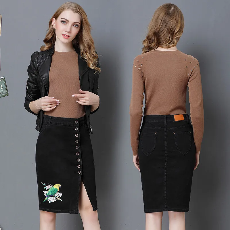 DTYNZ Big size women's clothes high waist embroidery one row buckle elastic denim cotton pencil skirt.Sexy fashion skirt. | Женская
