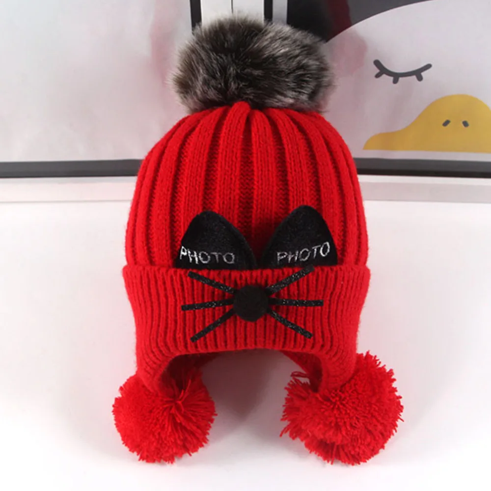 Детские теплые зимне наушники шапка Kitted борода кошка шерстяные шапки 1-4 лет Детские зимние вязаные шапки 44-50 см младенец крючком с 3 помпонами
