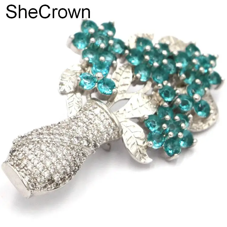 SheCrown цветок Форма богатый синий Аквамарин Белый CZ Подарок серебряная брошь 47x29мм