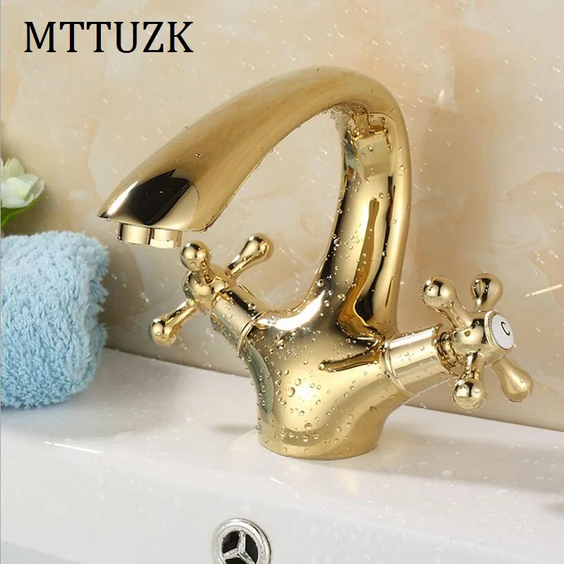 MTTUZK европейский длинный круглый золотой Латунный сидячий кран с двойной ручкой
