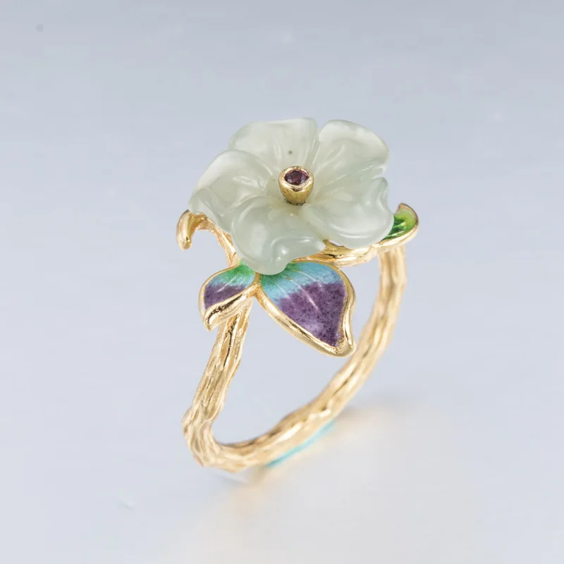 National Style Ring Natural Hetian Jade Women's Rings Small Flowers Open Ended Rings Jewelry Wholesale