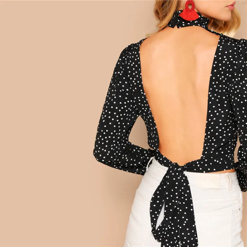 SHEIN Короткая Блуза В Горошек С Открытой Спинкой И Узлом Женский Сексуальный Топ С Длинными Рукавами И Высоким Вырезом