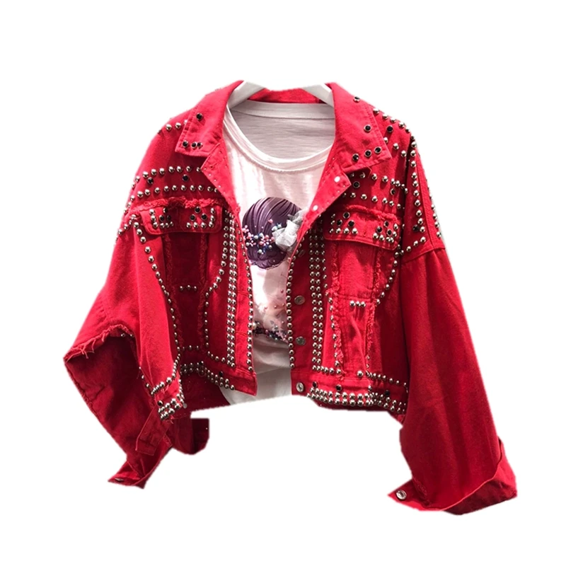 Осень 2019 женская красная джинсовая куртка в стиле Харадзюку короткая черная с