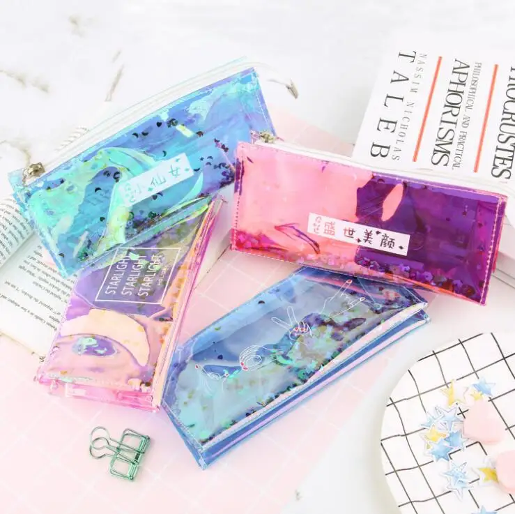 

50pcs/lot Laser Clear PVC Cute School Supplies Pencil Case Kawaii for Girls School Cosmetic Bag Women Office Supplies Escolar