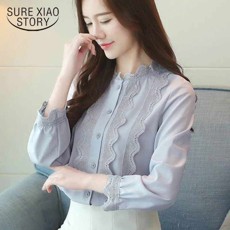 2018 Женские топы и блузки с кружевным воротником шифоновая рубашка Осенняя