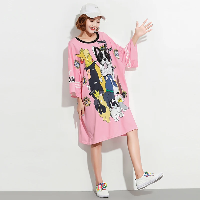 Женское розовое платье с коротким рукавом круглым вырезом и принтом милой собаки