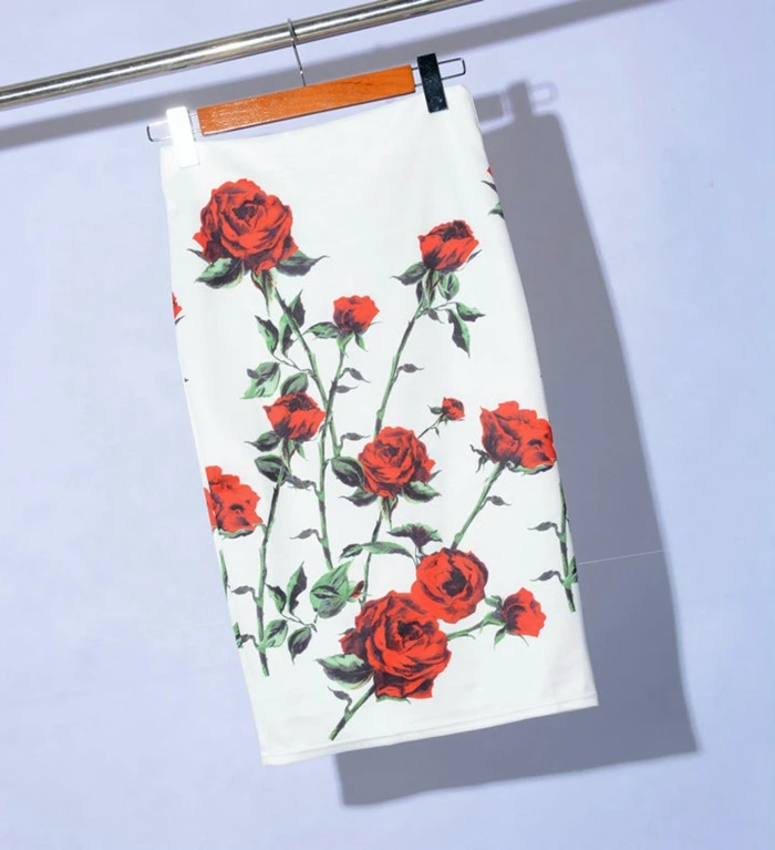 

TingYiLi Women Roses Floral Printed Midi Skirt Summer Elegant Office Lady Pencil Skirt High Waist Knee Length Bodycon Skirt