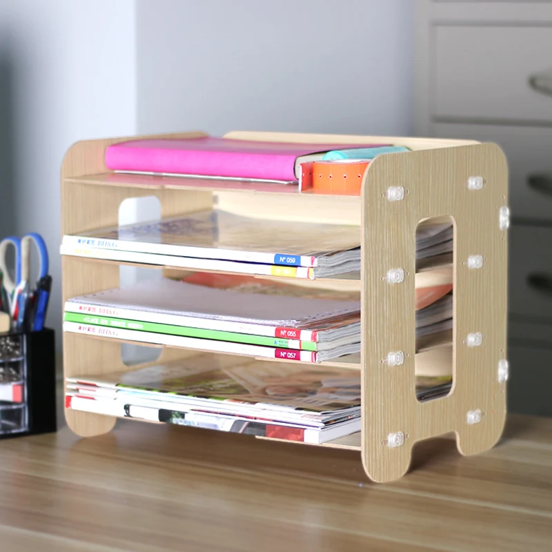 Document Data Shelf Wooden Magazine Box Multilayer Office Desktop Creative A4 Document Collection Practical Storage Cabinet