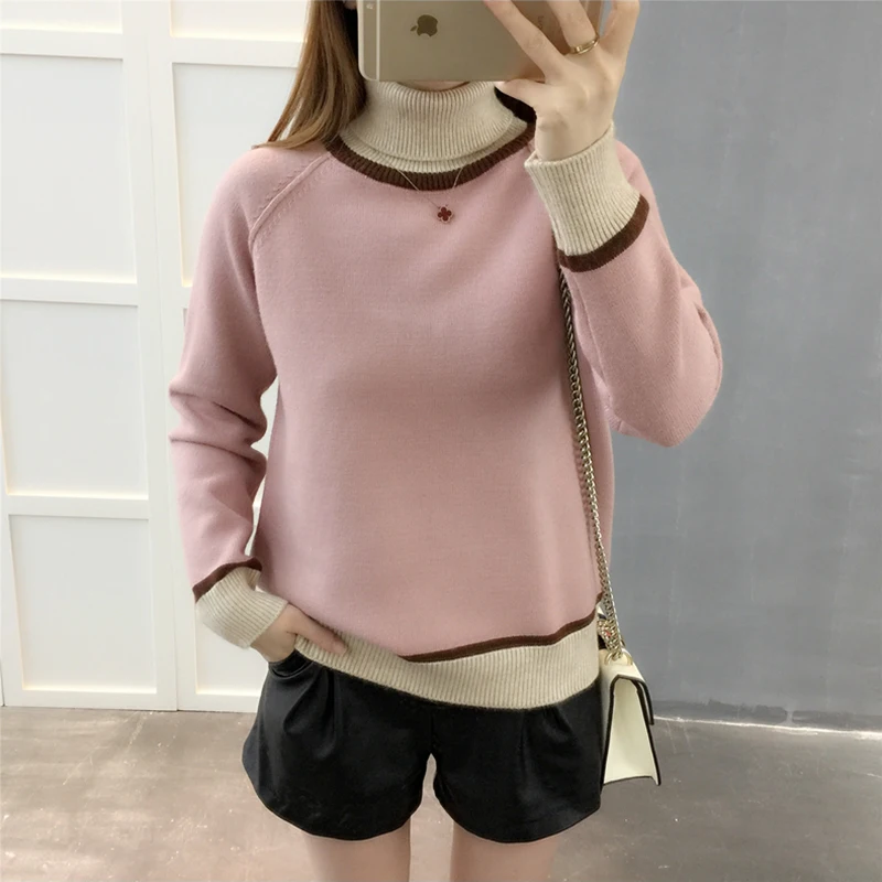 Winter Women Knitted Turtleneck Sweater 2018 New Colorblock Elastic Loose Wild Ladies Sweaters Warm Pullover Tricot Jumper ZY528 | Женская