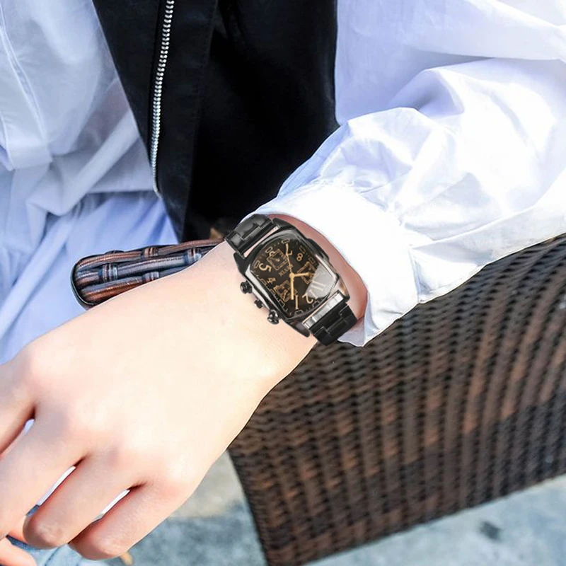 

KEVIN Classic Black Stainless Steel Band Man Watch Rectangle Shape Dial Business Men's Wrist Watches Creative Male Clock Gifts