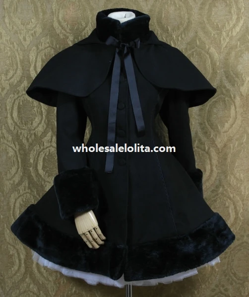 

Sweet Black Wool Lolita Coat with Detachable Hooded Cape