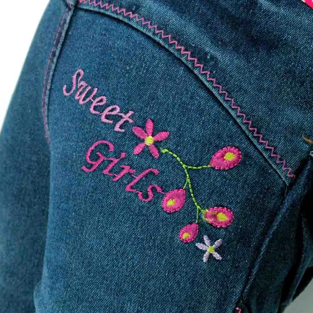 Детские узкие Стразы синие джинсы для девочек-подростков с вышивкой джинсовые