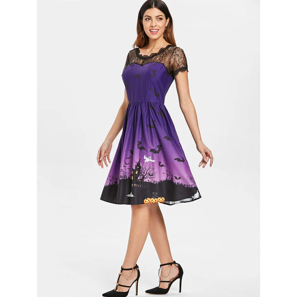 Женское винтажное платье с короткими рукавами VESTLINDA заколка на Хеллоуин принтом