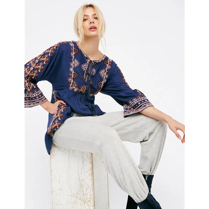 2017 New Bohemian Vintage Folklore Embroidered Vestidos Loose Tassels Three Quarter Boho Cotton Maxi Hippie Dress Gypsy Women | Женская