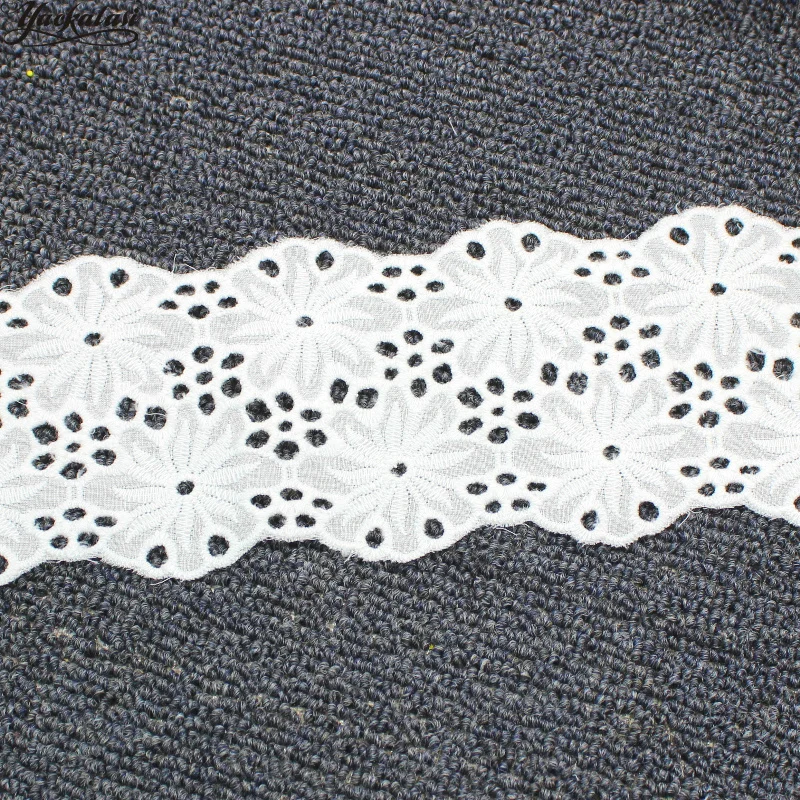 

YACKALASI 7 Yds 100% Cotton Lace Eyelet Embroidered Fabrics Swiss Cotton Voile Appliqued 3D Flower Trims Diy NatureWhite 9cm