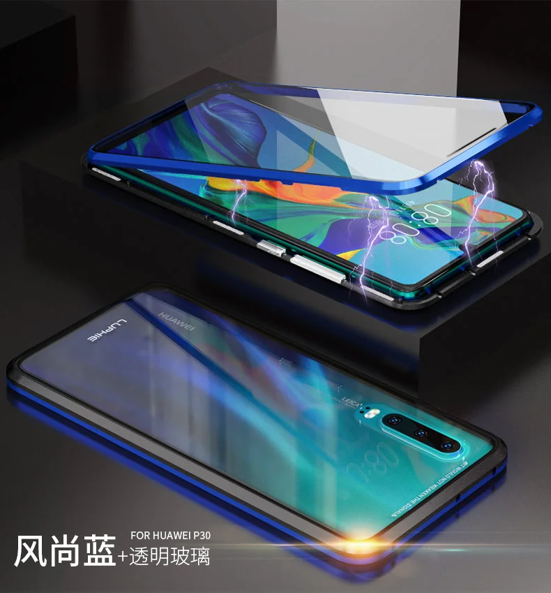 Роскошный защитный Магнитный чехол на весь корпус для huawei P30 Pro чехол 360 прозрачная задняя крышка из закаленного стекла для huawei P30 чехол - Цвет: black blue