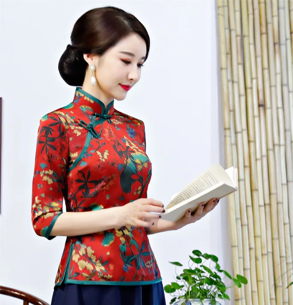 Шанхай история Китайский традиционный Топ цветочный Cheongsam топы китайская блузка Qipao рубашка с коротким рукавом Китайский Топ для женщин