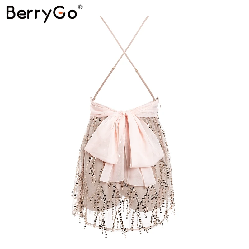 Женский сетчатый комбинезон BerryGo элегантный короткий с блестками и глубоким