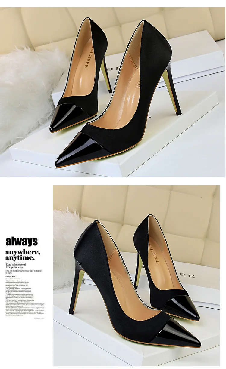 Women Shoes Pointed Toe Pumps Satin splice Pointed 10CM thin High Heels Boat Wedding Dress Office Shoes