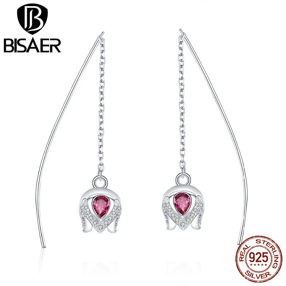 BISAER, серьги в виде цветка, 925 пробы, серебро, роза, цветок тюльпана, кристалл, циркон, серьги-гвоздики для женщин, серебряные ювелирные изделия ECE504